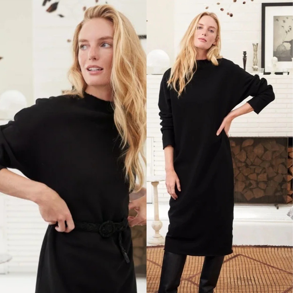 Frank & Eileen Isabelle Funnel Neck Dress Small Black Triple Fleece Knit